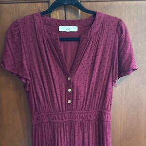 LOFT Burgundy Short-Sleeve Midi Dress with Button Front
